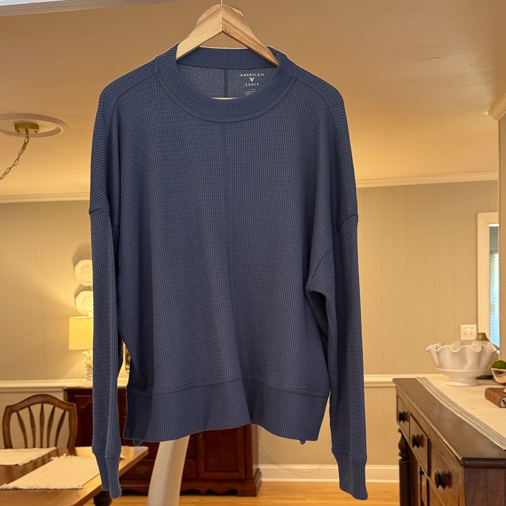 AMERICAN EAGLE Women’s Blue Waffle-Knit Crewneck Sweater Soft Cozy Oversized LRG